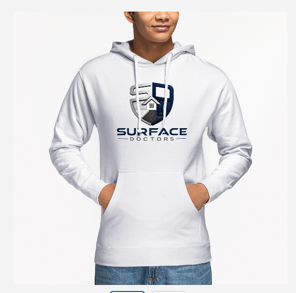 White Surface Doctors hoodie on a model with the SD shield logo and Surface Doctors name on the chest